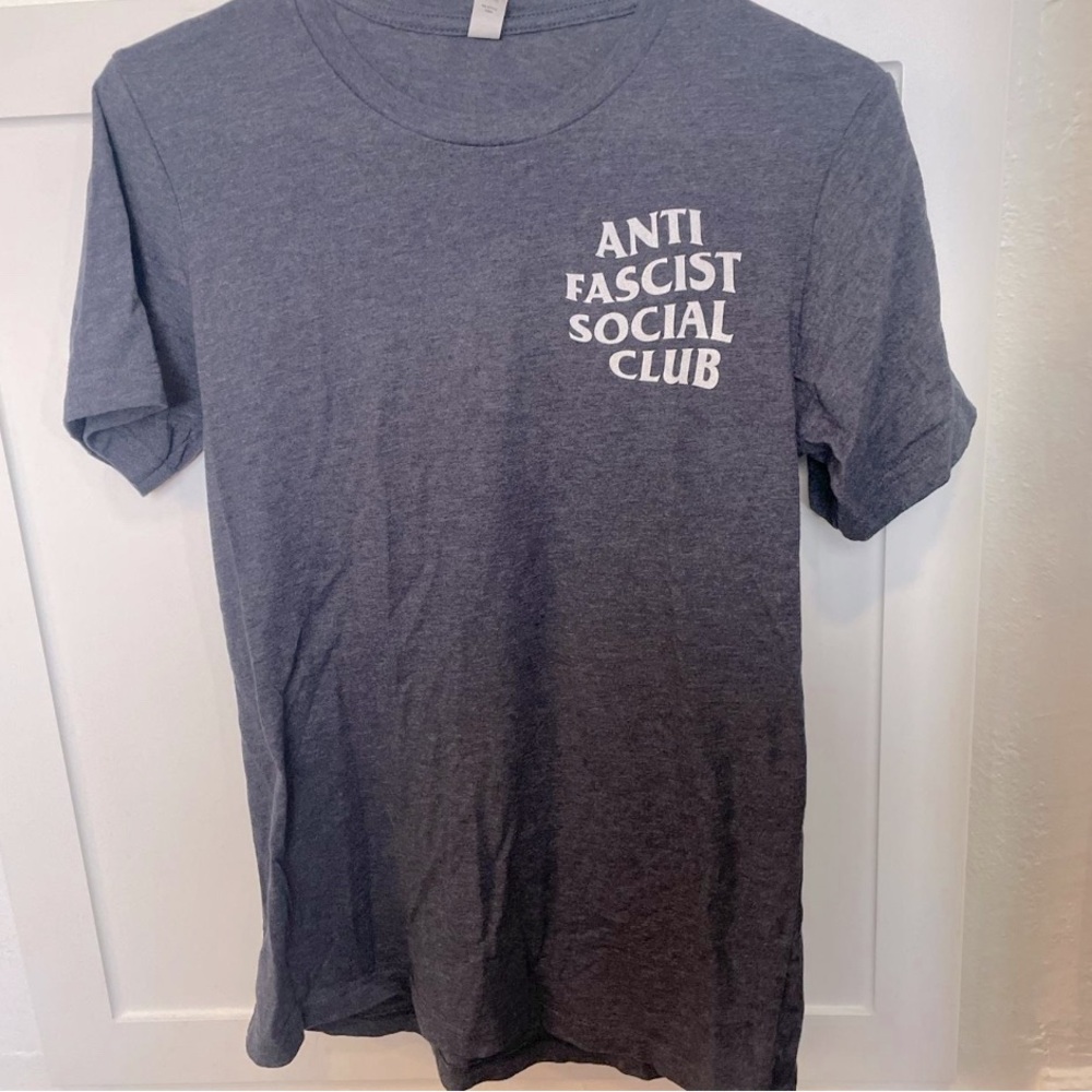 Medium Heather blue anti-fascist social club pocket tee, f*** 12 on back